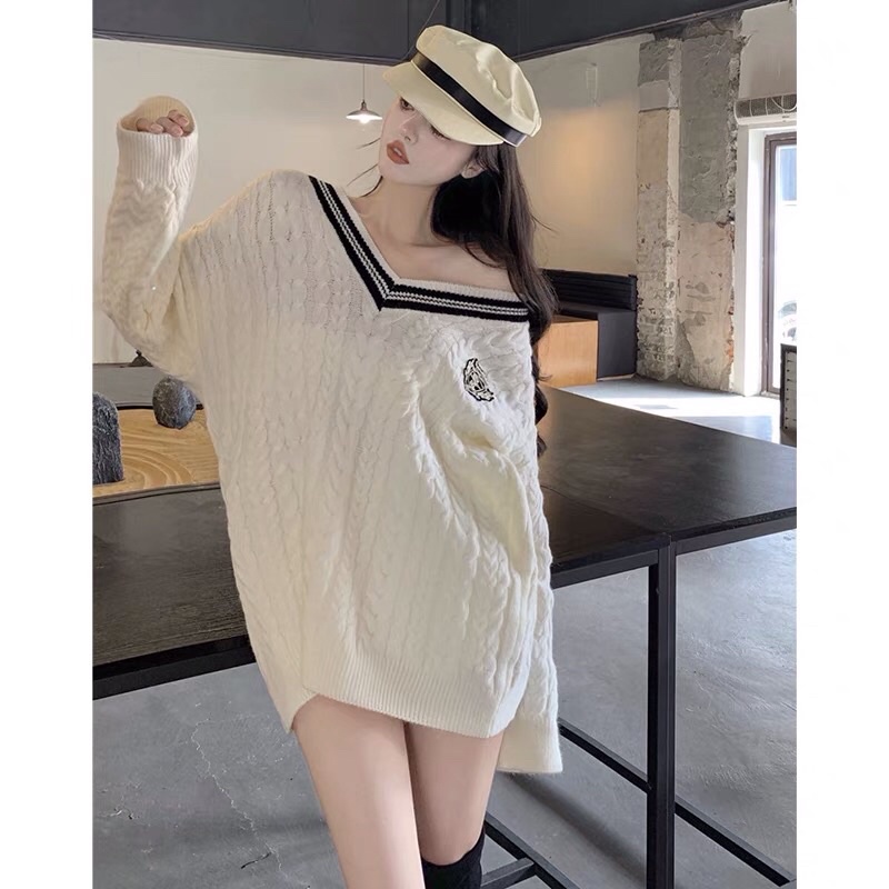 Áo len cổ tim viền đen dáng rộng giấu quần phong cách ulzzang