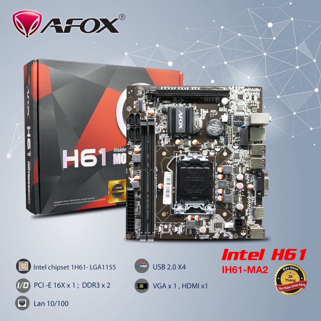 Bo Mạch Chủ Mainboard AFOX H61 MA2 Hàng chính hãng - FULL VAT - Bảo hành 2 năm !!!