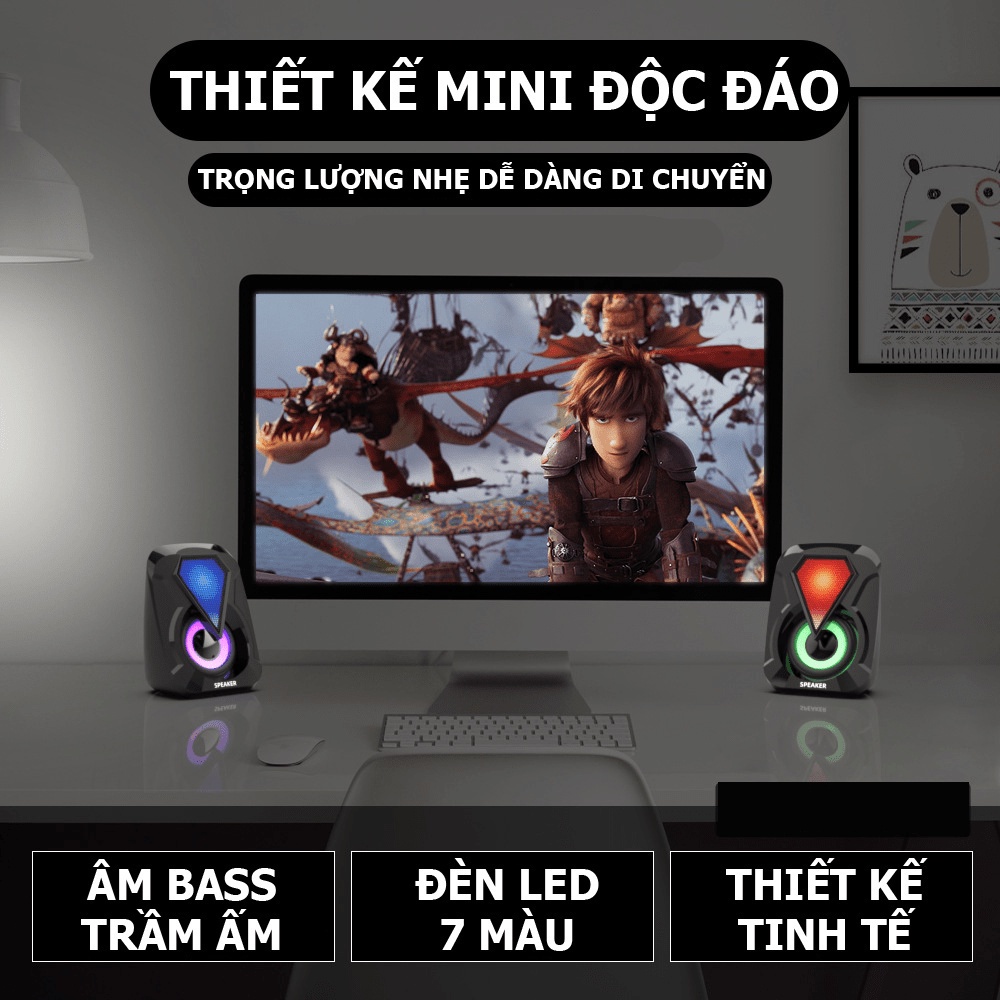 Loa vi tính mini 1053 để bàn cao cấp âm thanh siêu trầm có đèn led 7 màu nguồn cổng USB