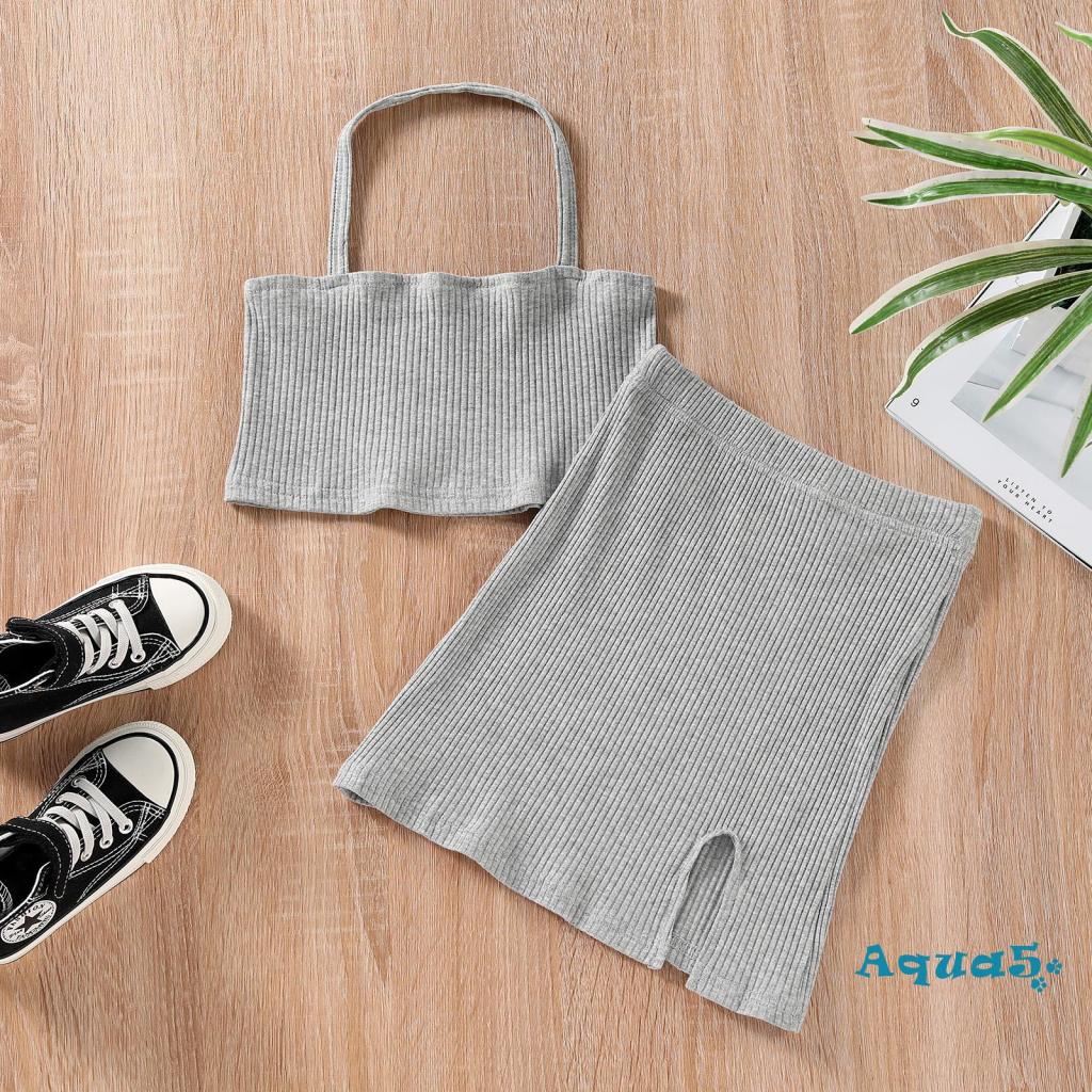 Bộ 2 món áo croptop không tay cổ yếm + chân váy ngắn xẻ tà màu trơn thời trang mùa hè cho bé gái 2-7 tuổi