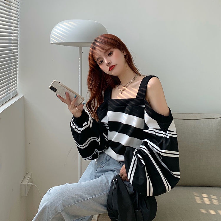 Áo Len Dài Tay Trễ Vai Dáng Rộng Họa Tiết Kẻ Sọc Thời Trang Mùa Thu Hàn Quốc 2020 Xs-4Xl | BigBuy360 - bigbuy360.vn