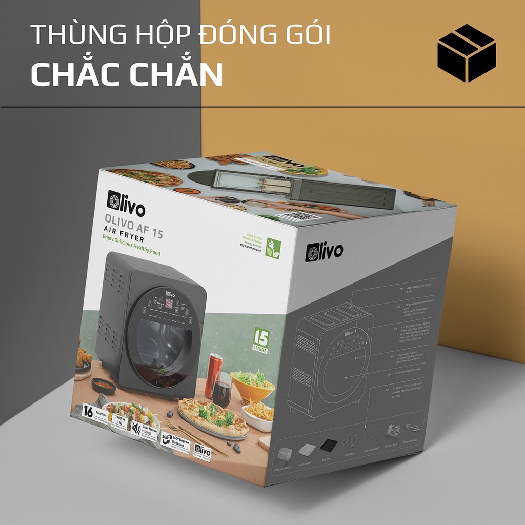 Nồi chiên không dầu Olivo AF15 thương hiệu Mỹ - Dung tích 15L - Chế độ nhiệt kép - Chiên quay không lật dở
