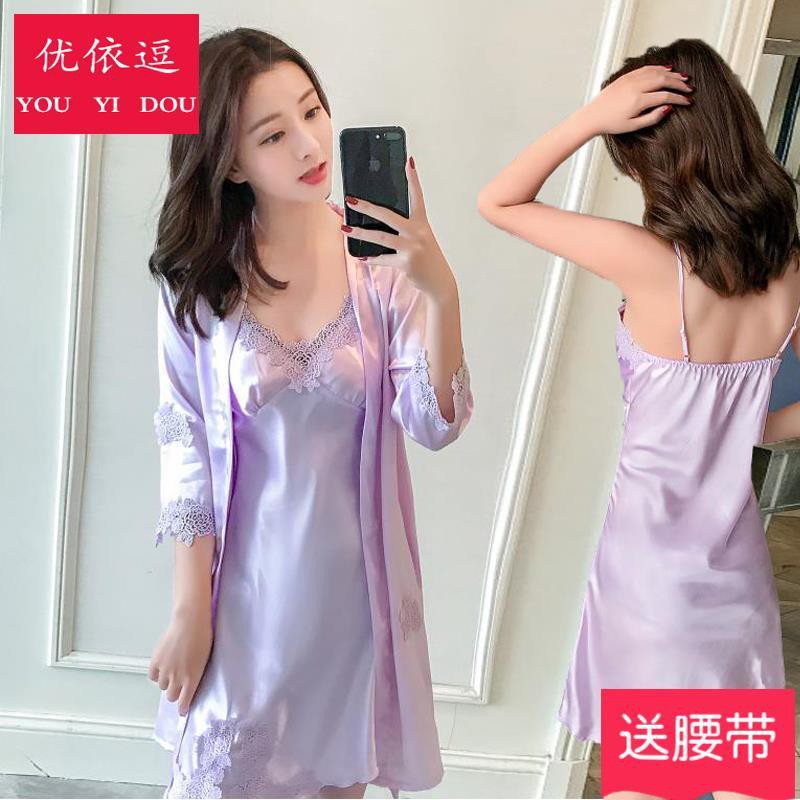 【Sẵn sàng giao hàng】áo choàng tắm áo choàng tắm[có đệm ngực] Pyjamas nữ váy ngủ lụa băng mùa hè gợi cảm h