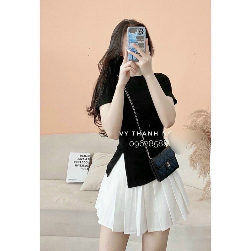 Áo thun kiểu lệch vạt xẻ trước, Áo kiểu dáng ôm ngắn tay co giãn AT5508 - NhiNhi Shop