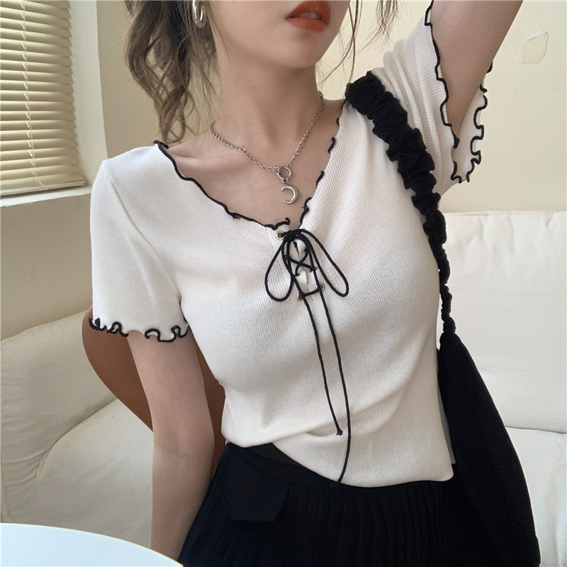Áo croptop nữ tay ngắn 2021, áo kiểu nữ đẹp màu đen trắng cổ V buộc nơ trước phối ren tay sang chảnh thời trang hàn quốc