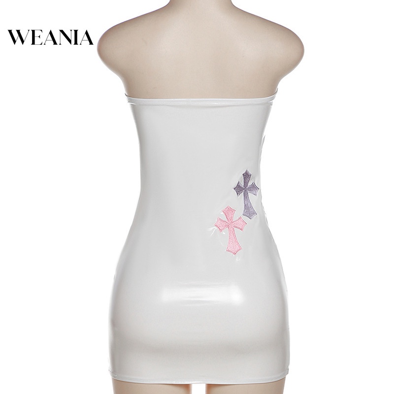 Đầm Body Da PU Trễ Vai Hoạ Tiết Thêu Thiết Kế Ôm Sát Tôn Dáng