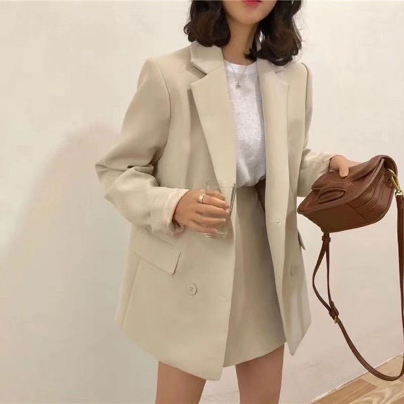 Áo blazer nữ hàng quảng châu cao cấp màu be sữa phong cách hàn quốc có đệm vai (hàng sẵn)