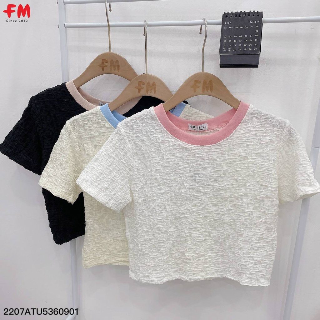 Áo croptop nữ FM Style tay ngắn cổ tròn phối viền chất thun nhăn mềm mịn thời trang ulzzang 207090003