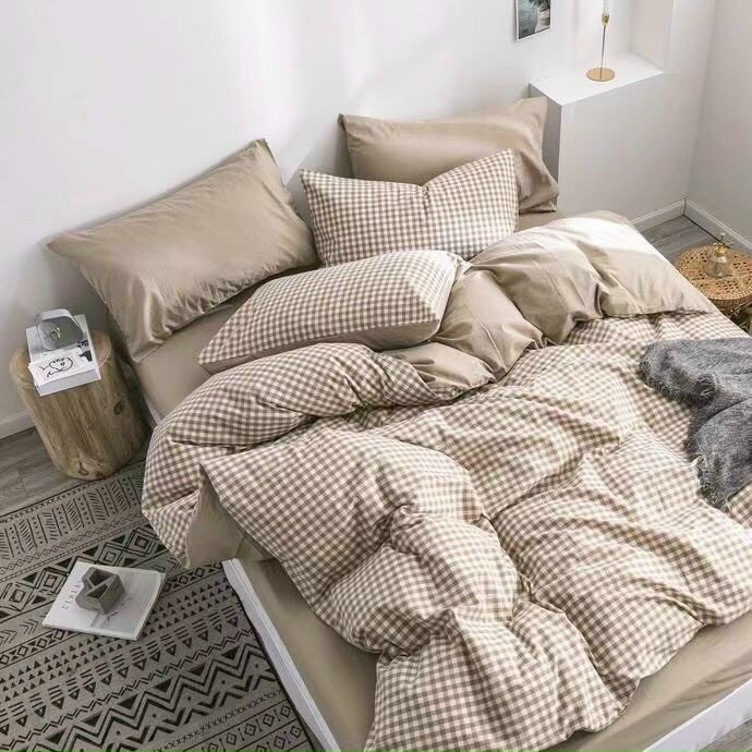 Bộ chăn ga gối drap giường chất cotton poly họa tiết kẻ caro be