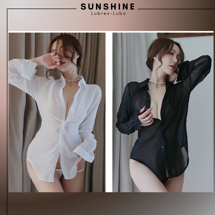 Áo Ngủ Sexy Sơ Mi Ngủ Voan Mỏng Xuyên Thấu Dài Tay Gợi Cảm MÀU ĐEN -SUNSHINE LUBREXLUBO- SMNDAY1184