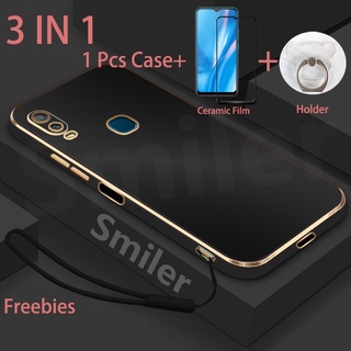 Ốp Điện Thoại Silicon Mềm Mạ Điện + Kính Cường Lực + Giá Đỡ Cong Bảo Vệ Màn Hình 3 Trong 1 Cho VIVO Y11 Y12i