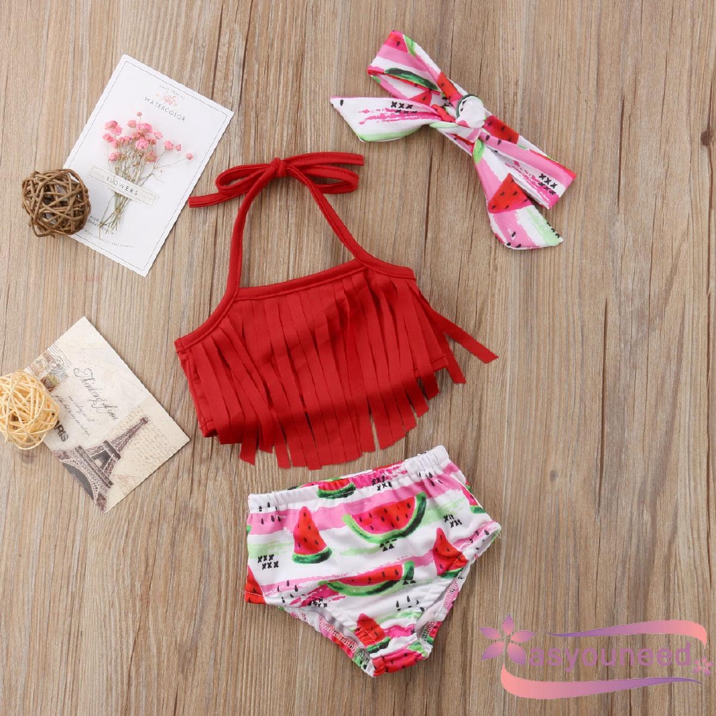 Set bikini 2 mảnh kèm băng đô vải in hình dưa hấu dễ thương xinh xắn cho bé gái