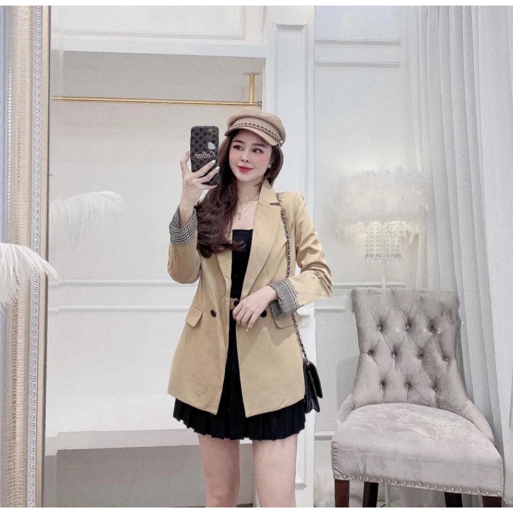 [ Xả Kho ÁO Vest Nữ Thiết Kế 40-59kg ] Áo Vest 2 Nút Tay Phối Caro Thiêt Kế Độc Quyền ( 2 size S - M 40-59kg  )