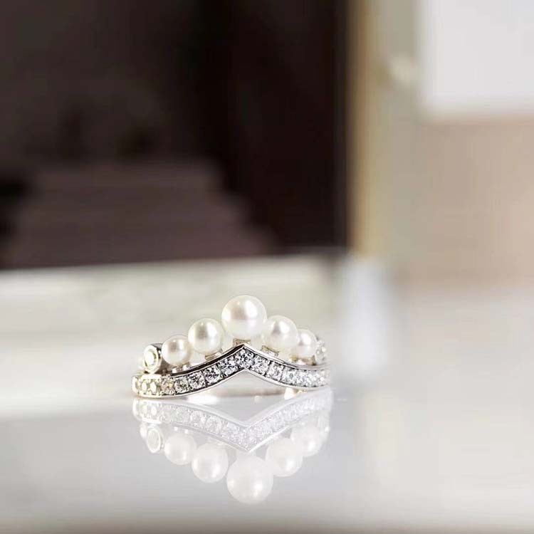 Nhẫn kim cương vương miện ngọc trai nữ thời trang hàn quốc