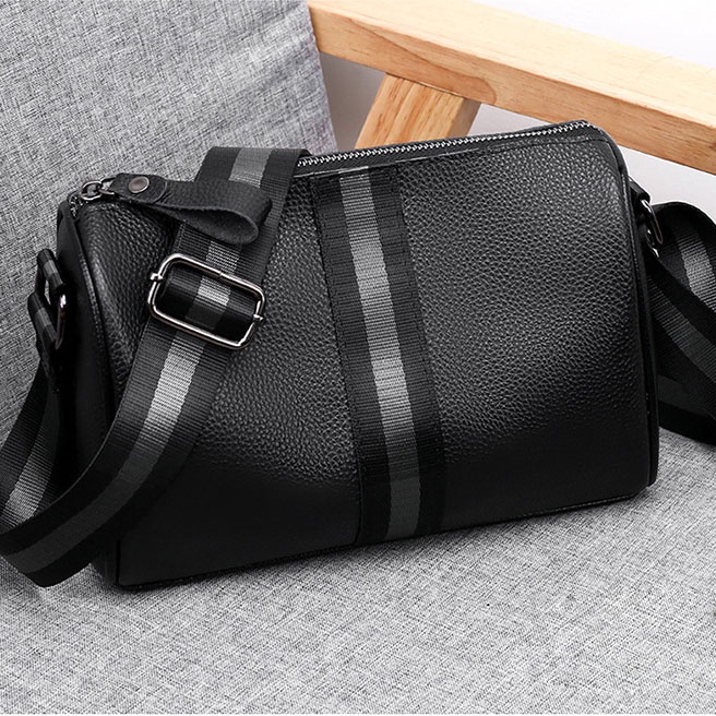 ★ TÚI ĐÉO CHÉO DA THẬT DẠNG TRỐNG PHỐI DÂY SỌC XÁM ĐEN CAO CẤP THỜI TRANG STYLE UNISEX ( 24 x 16 x 12cm )