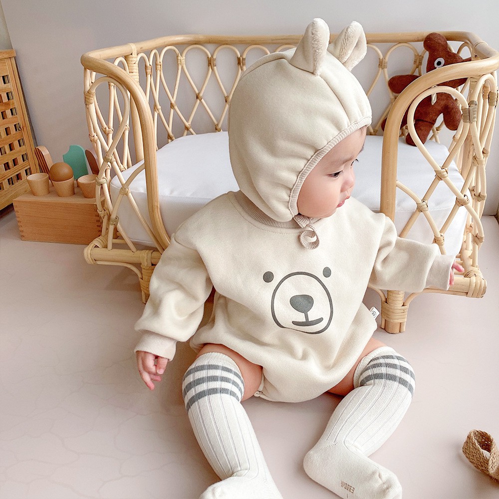 Set Áo Liền Quần Hình Gấu Kèm Mũ Thời Trang Cho Bé 0-2 Tuổi