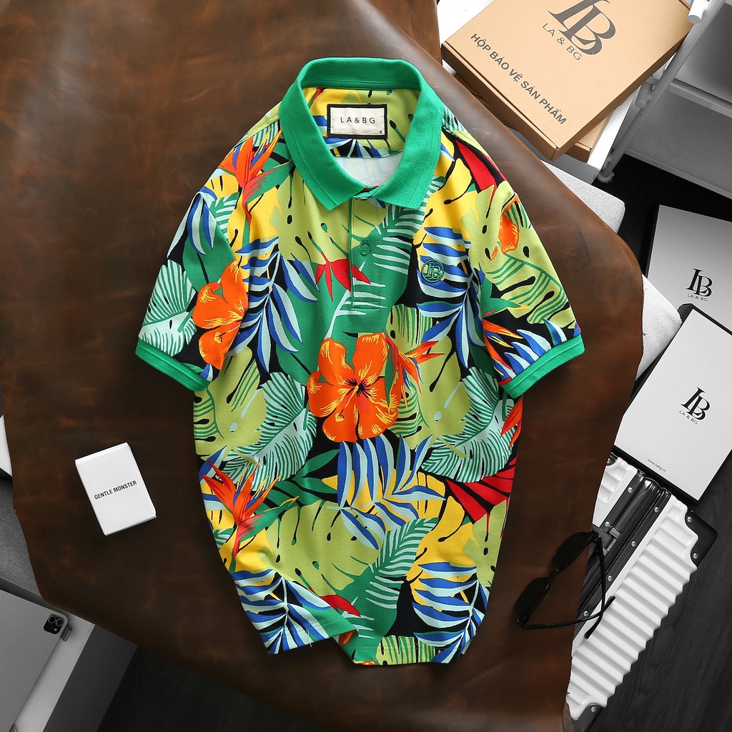 Áo Polo Summer thương hiệu LA&BG cao cấp, vải cotton 4 chiều thoải mái, hoạ tiết hoa lá mùa hè rực rỡ