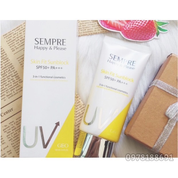 Kem chống nắng dưỡng trắng Geo Sempre Happy &amp; Please skin fit sun block SPF 50pa +++(100ml) – Hàn Quốc