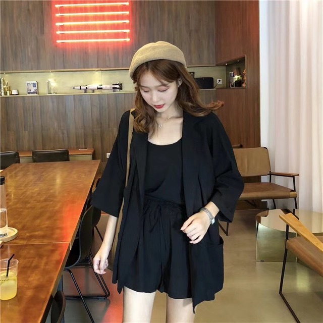 [SALE SALE 20%] [Hàng Quảng Châu] Set áo hai dây + áo vest + quần sooc cao cấp