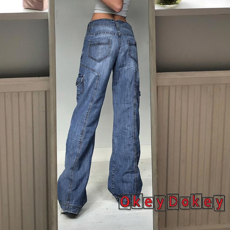 Quần jean nữ ống rộng lưng cao màu xanh trơn có túi