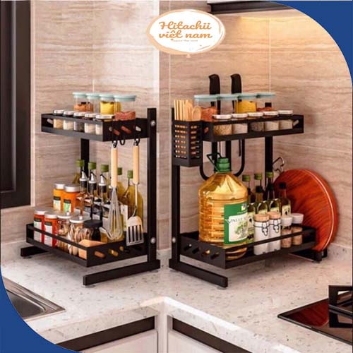 Kệ gia vị thép đen đa năng 2 tầng có ống cắm đũa và giá để thớt đa năng tiện dụng, Kệ nhà bếp đa năng 2 tầng
