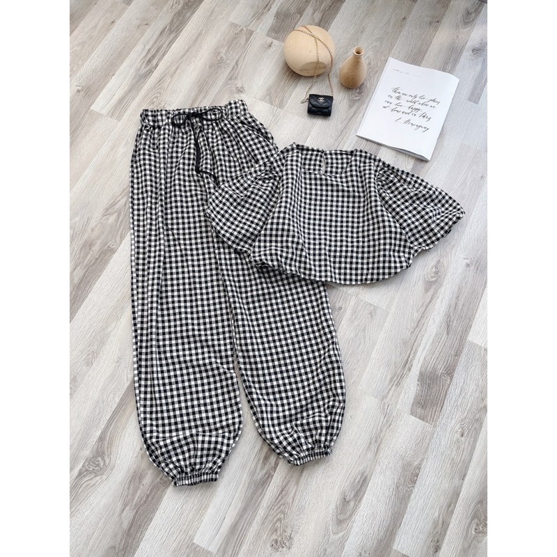 Set croptop tay bồng kèm quần suông ống bo caro