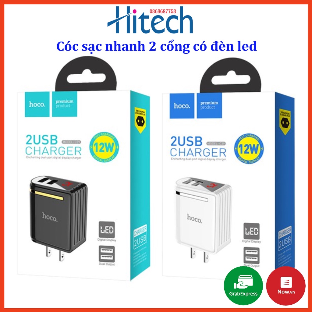 Củ Sạc nhanh chính hãng Hoco C39/C86 -  2 Cổng 2.4A, Đèn Led Báo Dòng Điện - Bảo hành 06 tháng