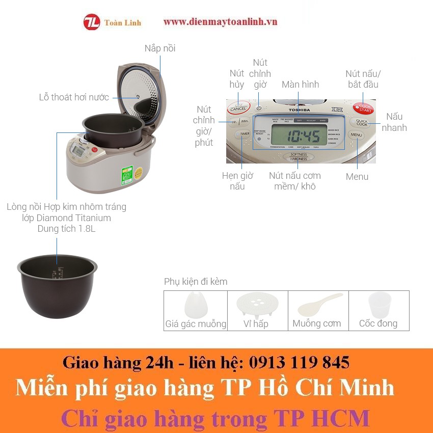 Nồi cơm điện cao cấp Toshiba 1.8 lít RC-18RH(CG)VN - IH - Hàng chính hãng