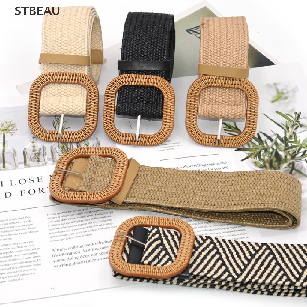 Thắt Lưng Đan Rơm Co Giãn Khóa Vuông Phong Cách Boho Cổ Điển Thời Trang Mùa Hè Cho Nữ