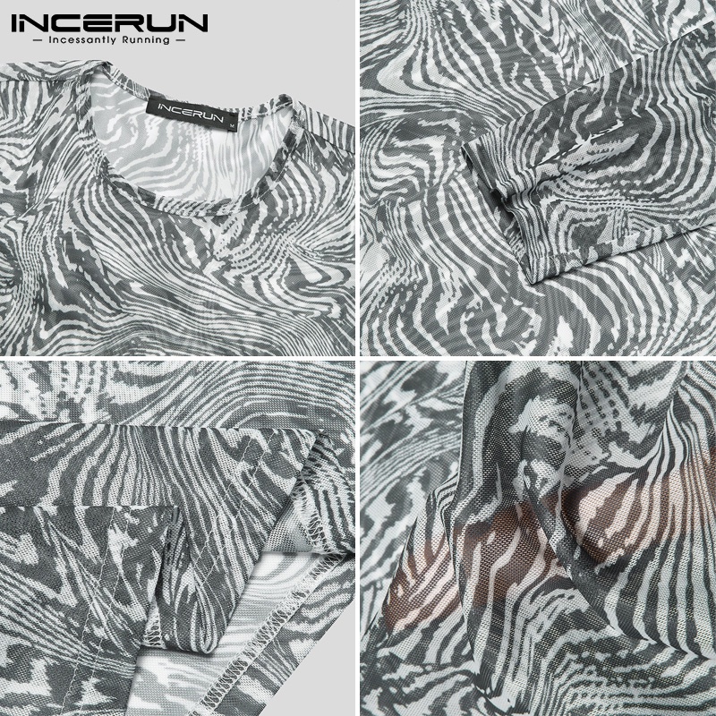 Áo Thun INCERUN Dáng Ôm Vừa Vặn Dài Tay Vải Lưới Mỏng In Họa Tiết Xuyên Thấu Thời Trang Cho Nam