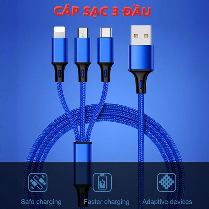 Dây Cáp Sạc 3 Đầu Vải Dù Xuất Xứ Hàn Quốc Hỗ Trợ Sạc Nhanh Sạc Iphone, Samsung, Type C - Siêu bền, chống rồi