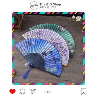 Quạt xếp cổ trang vải nan tre màu xanh dương size 21