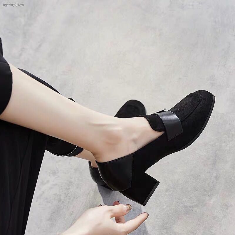 ☫○Ladies spring/summer 2021 new black high heels women retro square-toe loafers net red wild thick-heeled shoes