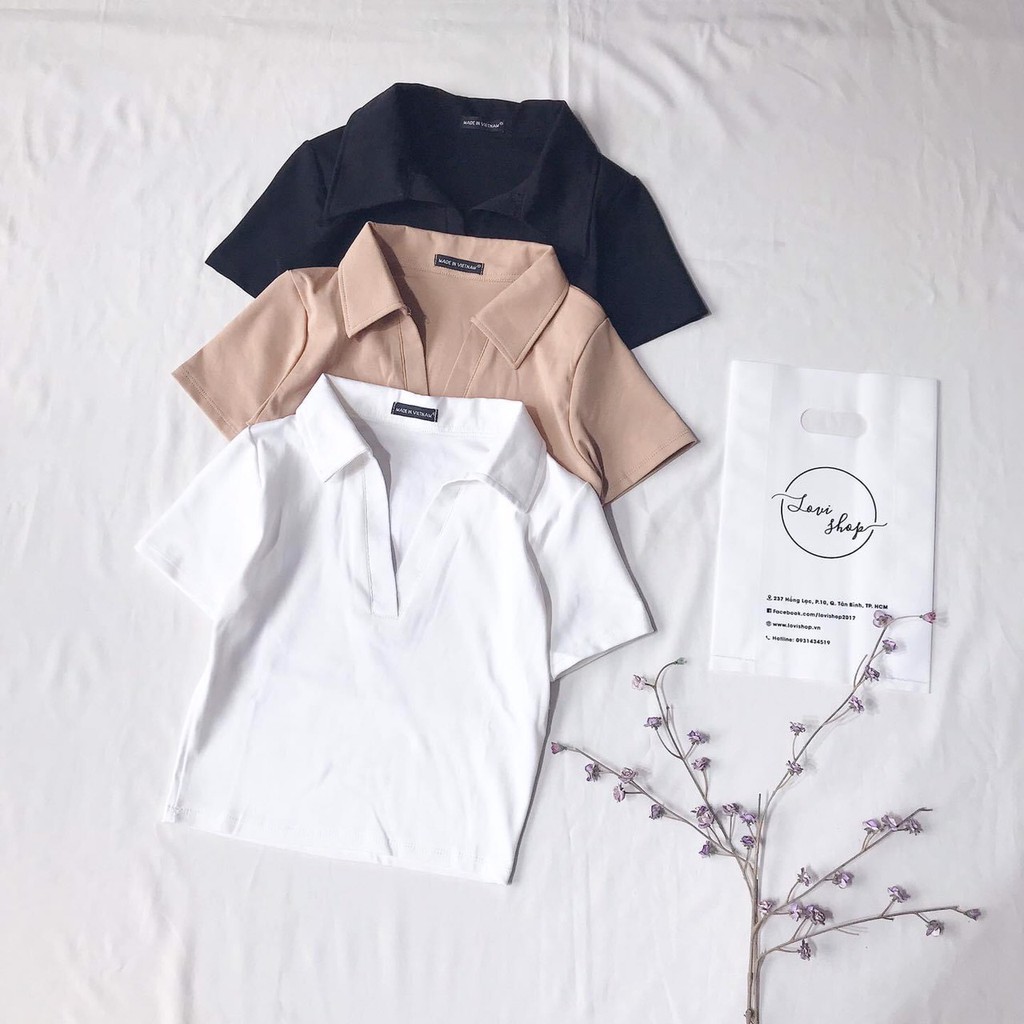 Áo thun croptop cổ bẻ tay ngắn Lovi