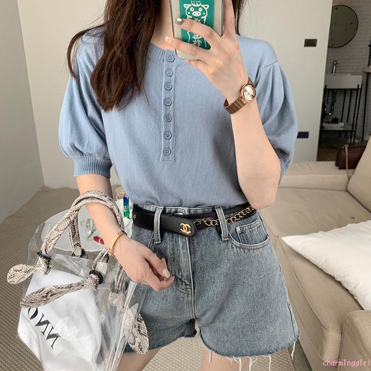 Áo Tay Phồng Cổ Tròn Trơn Màu Xinh Xắn Dành Cho Nữ