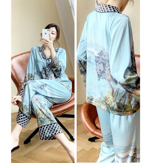 Bộ ngủ lụa Pizama hoạ tiết mã P208 hàng cao cấp
