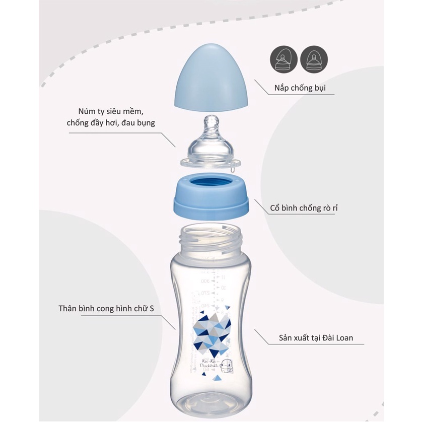 Bình sữa cổ rộng nhựa PP cao cấp 360ml KUKU KU5932 cho bé sơ sinh chống đau bụng, không chứa BPA