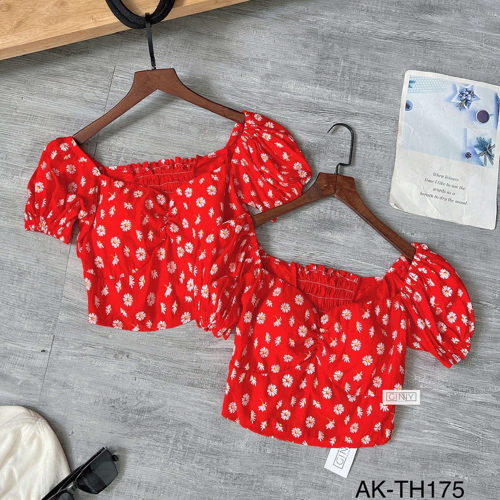 Áo kiểu đỏ hoa trắng có mút TH-175 trẻ trung cá tính phong cách Hàn Quốc | Gin House Shop