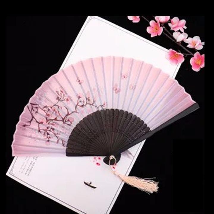 Quạt cổ trang hồng đào nở vải lụa xếp cầm tay phong cách cổ đại quà tặng cosplay