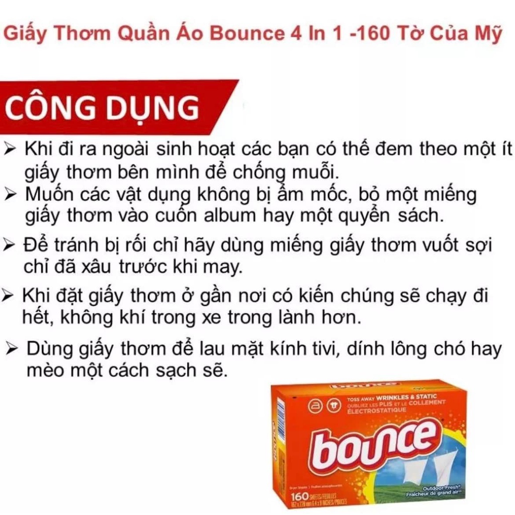 Giấy Thơm Quần Áo Bounce Giấy Thơm Chính Hãng Nhập Khẩu Từ Mỹ Làm Mềm Vải Và Khử Mùi Ẩm Mốc