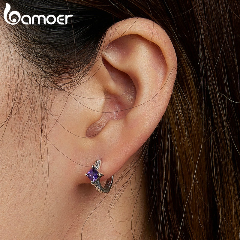 Đôi khuyên tai BAMOER bạc 925 thiết kế da rắn đính đá zircon màu tím thời trang dành cho nữ