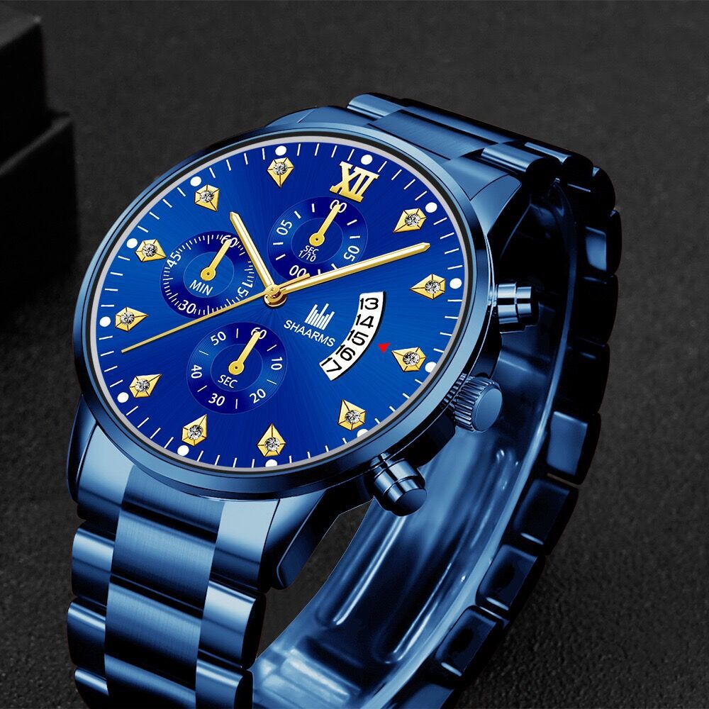 Đồng Hồ Đeo Tay Ba Mắt Bằng Thép Không Gỉ Đính Kim Cương Giả Màu Xanh Dương Độc Đáo Thời Trang Cho Nam C