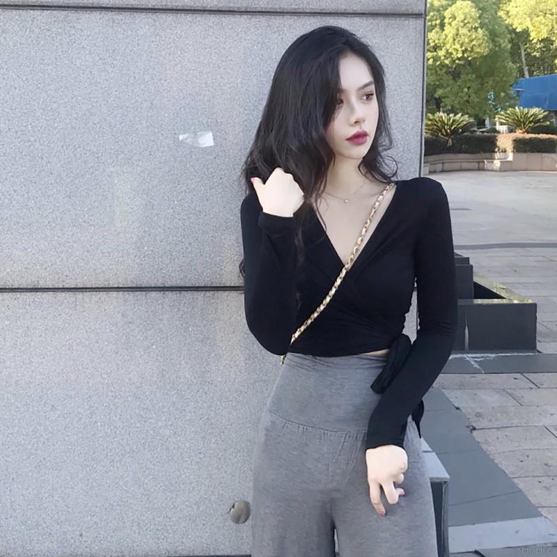 Áo Croptop Tay Dài Cổ Chữ V Màu Trơn Thời Trang Quyến Rũ Cho Nữ