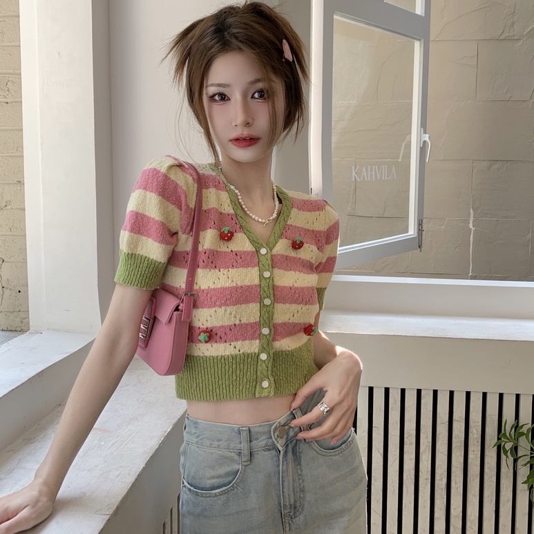 Áo cardigan ZHELIHANGFEI dệt kim tay ngắn kẻ sọc in hình dâu tây dễ thương