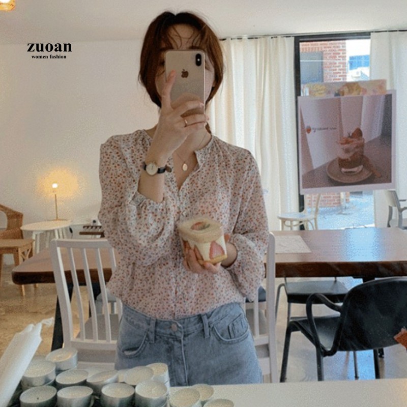 SUXI Áo Sơ Mi Nữ Tay Dài Họa Tiết Hoa Kiểu Hàn Quốc