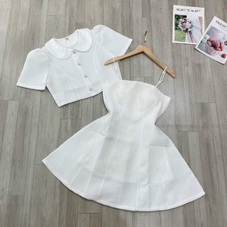 Set đầm 2 dây + khoác cổ sen