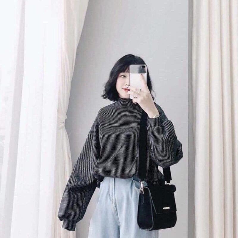 Áo Nỉ Kẻ Tay Bồng Cổ Lọ Nhiều Màu