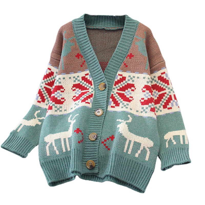 Xiangbao Áo Khoác Cardigan Dệt Kim Tay Dài In Họa Tiết Bông Tuyết Tuần Lộc Giáng Sinh Màu Khối
