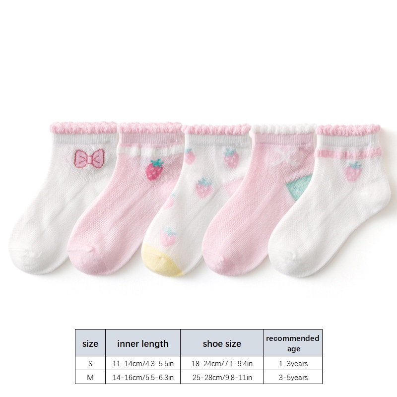 Bộ 5 Đôi Vớ Cotton Mỏng Thoáng Khí Thấm Hút Mồ Hôi In Họa Tiết Dâu Tây Hoạt Hình Dễ Thương Dành Cho Bé Gái
