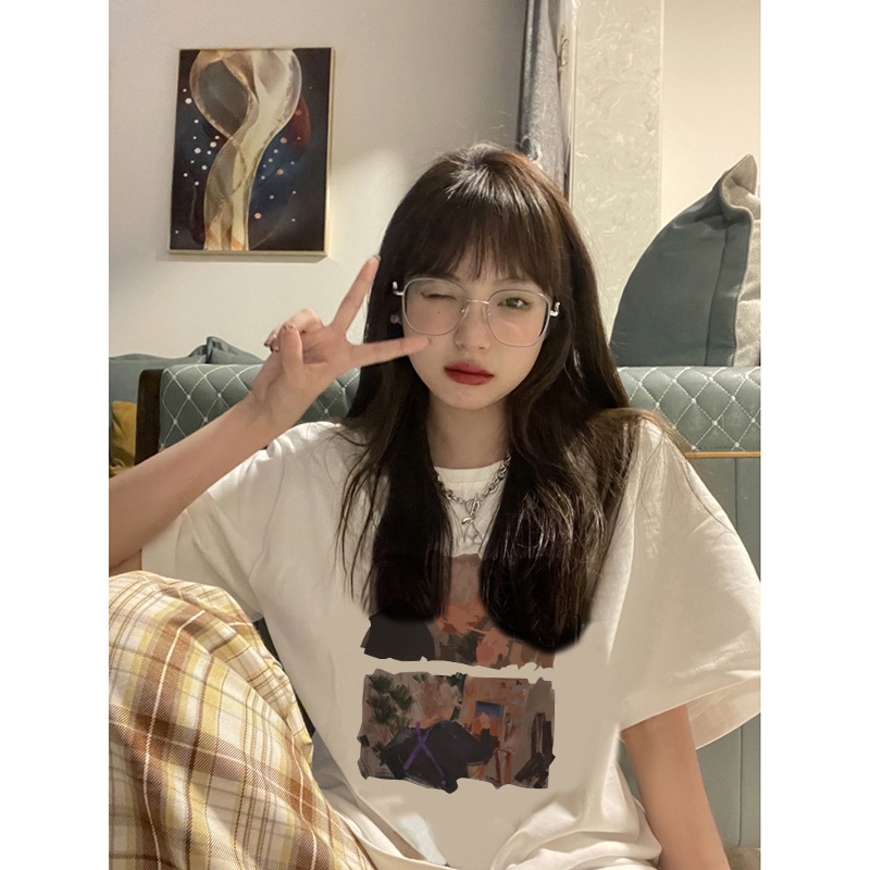 SELVZE Áo thun tay ngắn dáng rộng vải cotton mỏng in họa tiết kiểu retro chất lượng cao cho nữ